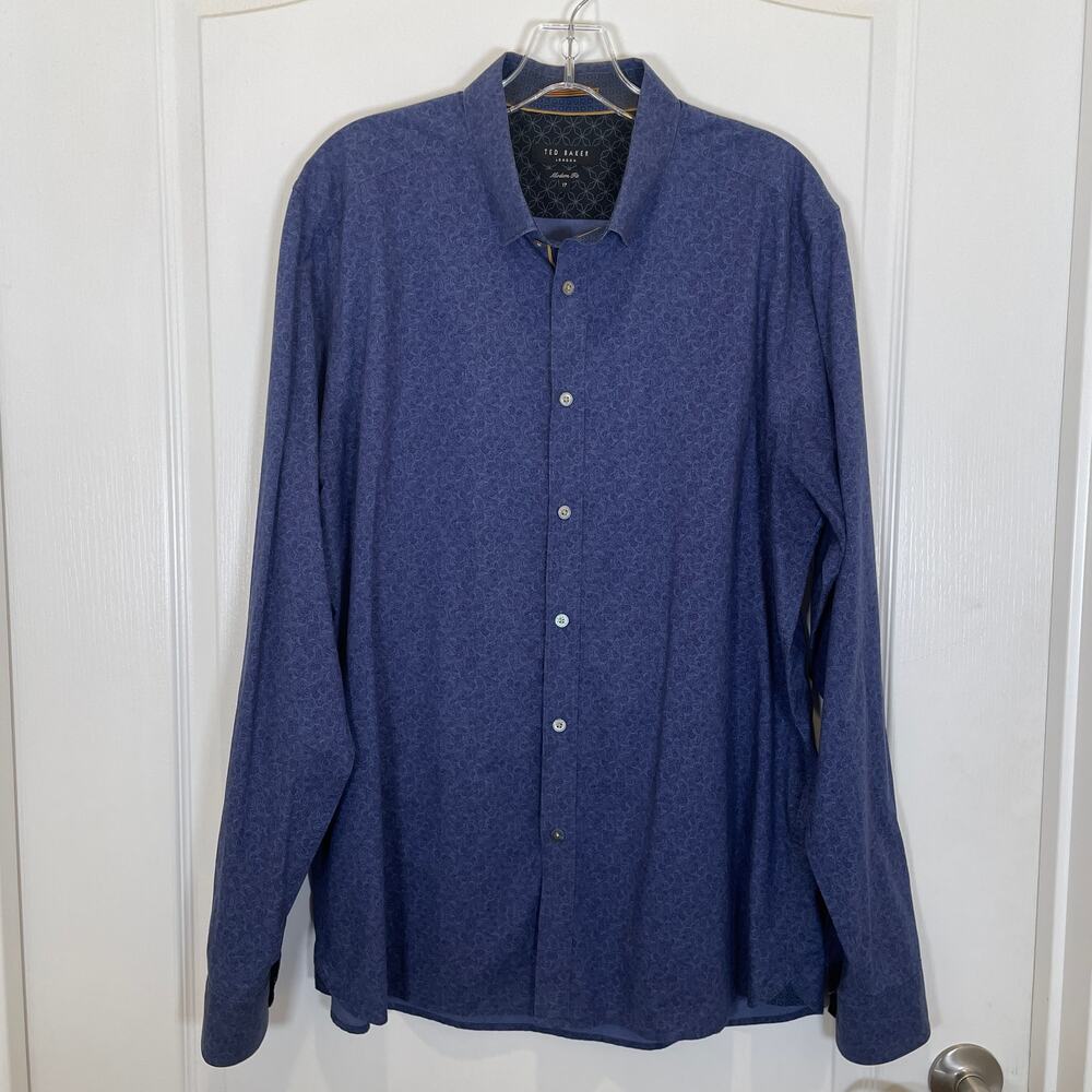 Ted Baker London Button‎ Down Shirt Blue Tiny Floral-Paisley Print 17 XL